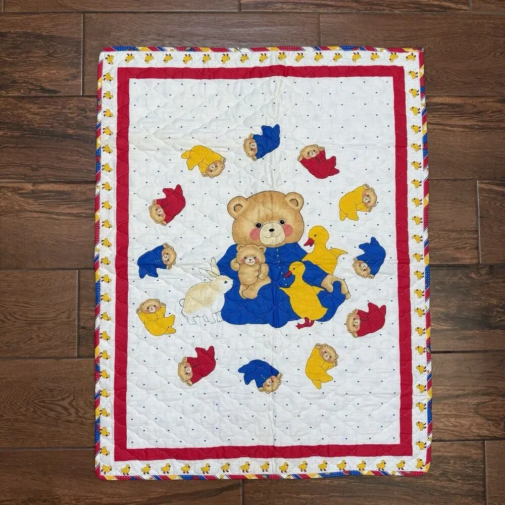 Vintage BABY Quilt Teddy Bears Ducks Striped Trim Blanklet Handmade Reversible